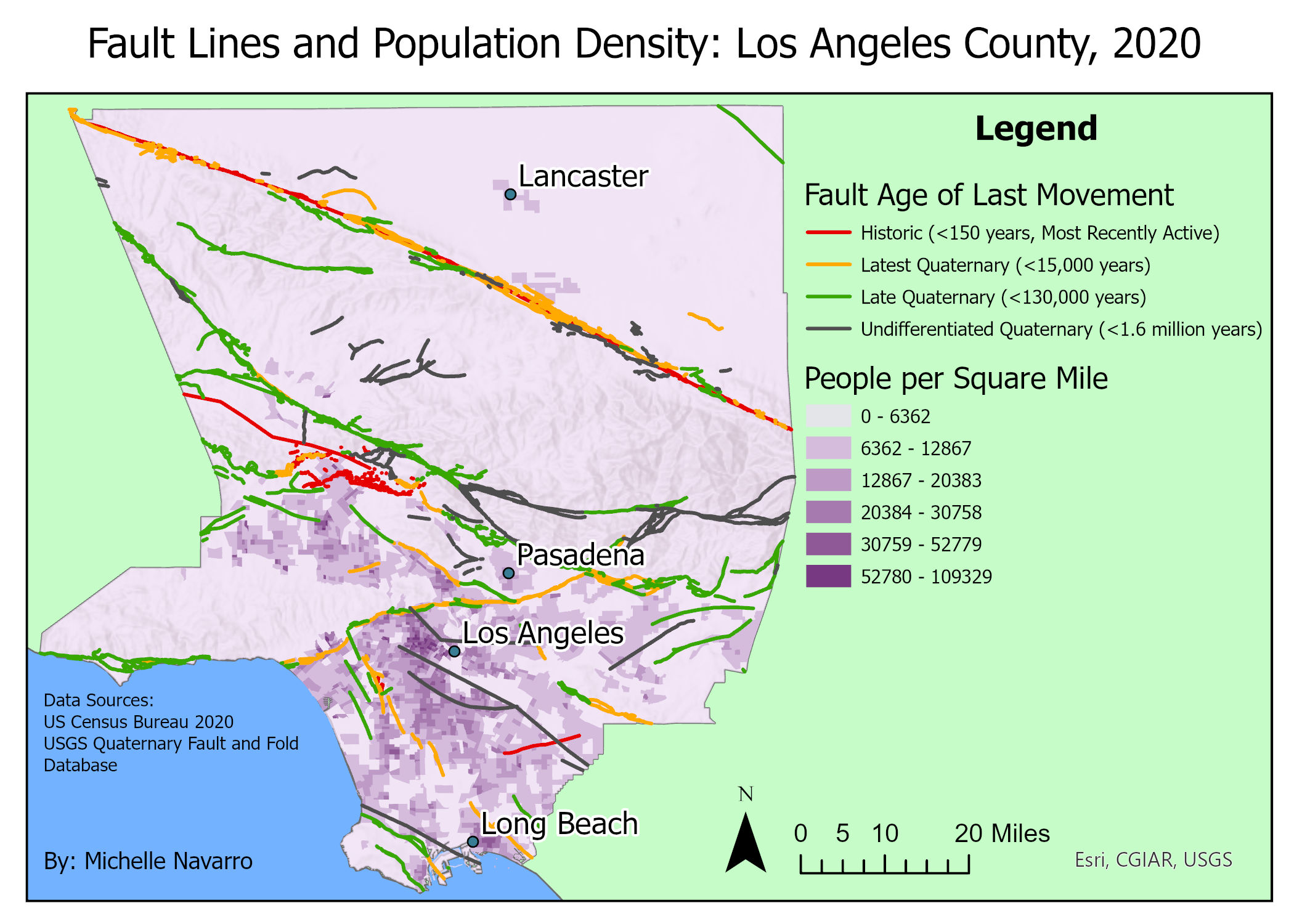 Fault Lines and Population Density, Los Angeles County 2020