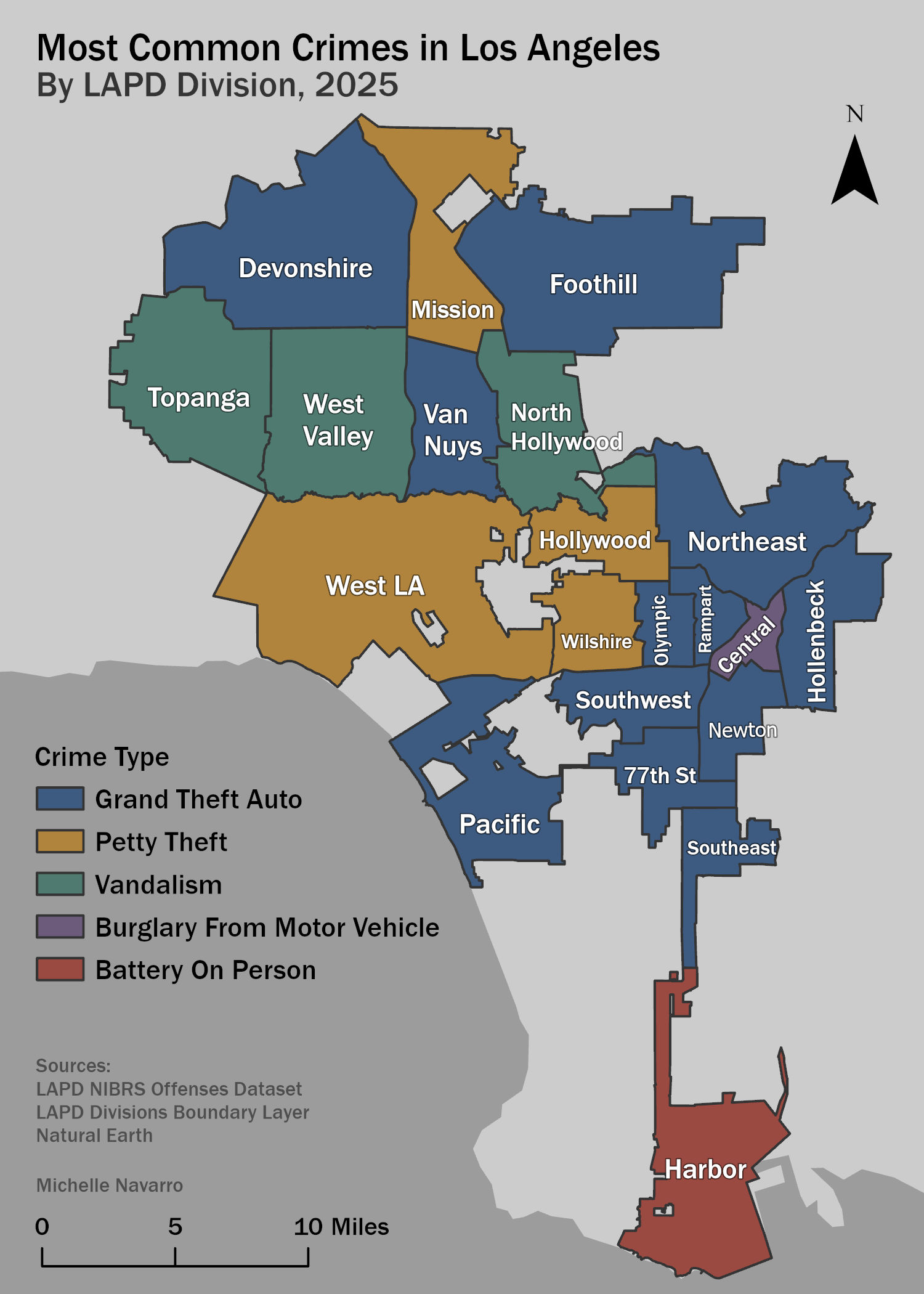 Most Common Crimes in Los Angeles by LAPD Division, 2025